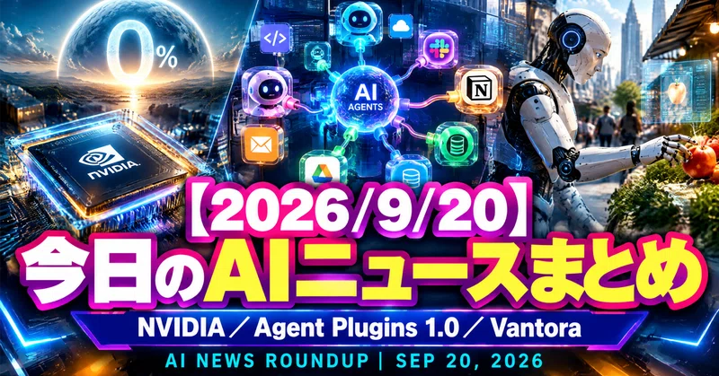 【2026/9/20】今日のAIニュースまとめ｜NVIDIAのフアンCEO「2030年にAIで世界が終わる確率は0%」／Googleらが共通仕様「Agent Plugins 1.0」を公開／Vantoraが約150億円調達で"フィジカルAI"へ