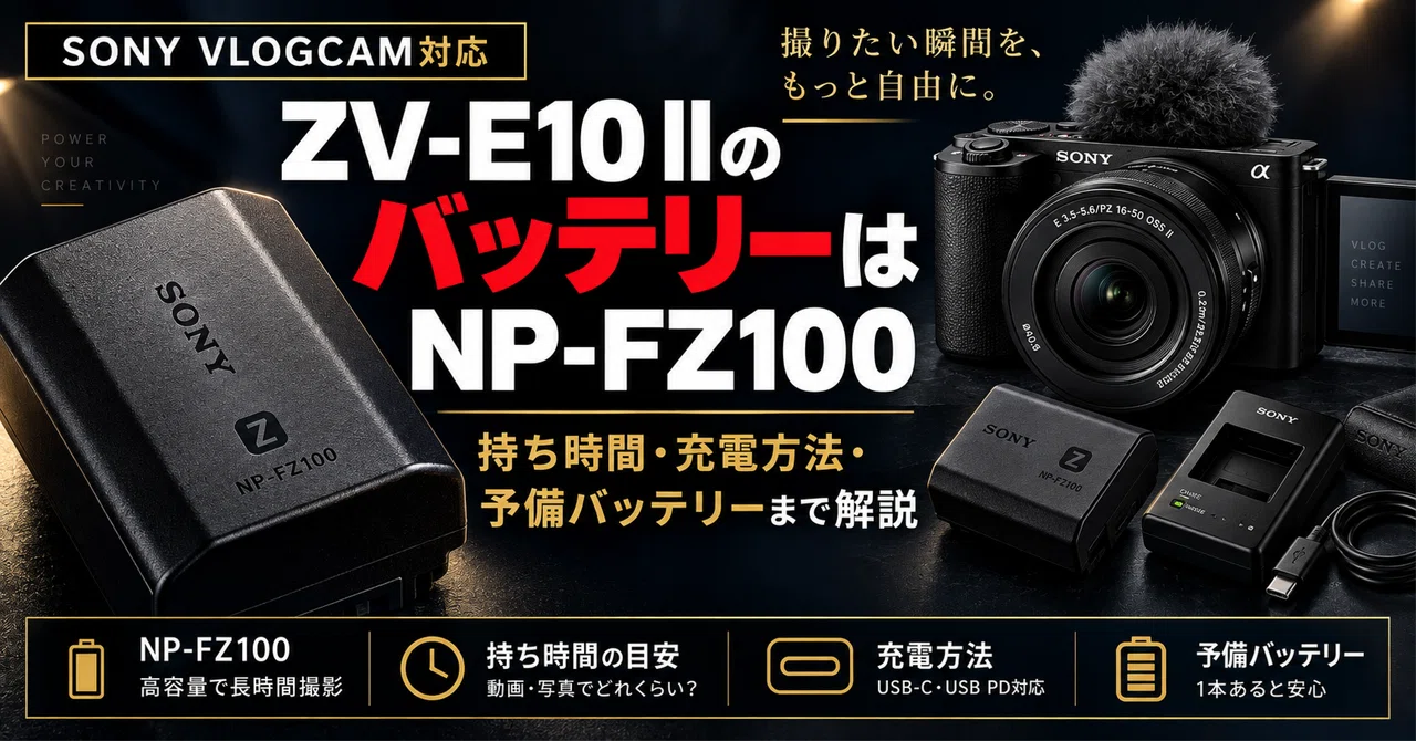 ZV-E10 IIのバッテリーはNP-FZ100|持ち時間・充電方法・予備 ZV-E10 IIのバッテリーはNP-FZ100|持ち時間・充電方法・予備