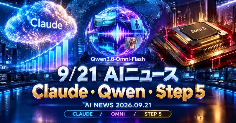 【2026/9/21】今日のAIニュースまとめ｜AnthropicのClaude事業が年換算約15兆円ペースに到達／Alibaba「Qwen3.8-Omni-Flash」が音声も動画も1つで理解／中国StepFunが高性能AI「Step 5」を格安公開へ