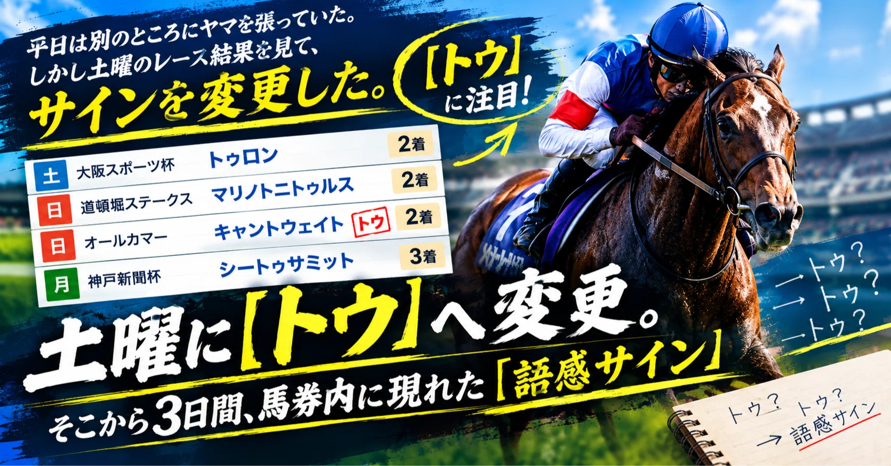 軸馬さがし未公開テクニック 勝馬サインを正しく読む 土曜に【トゥ】へ変更。そこから3日間、馬券内に現れた「語感サイン