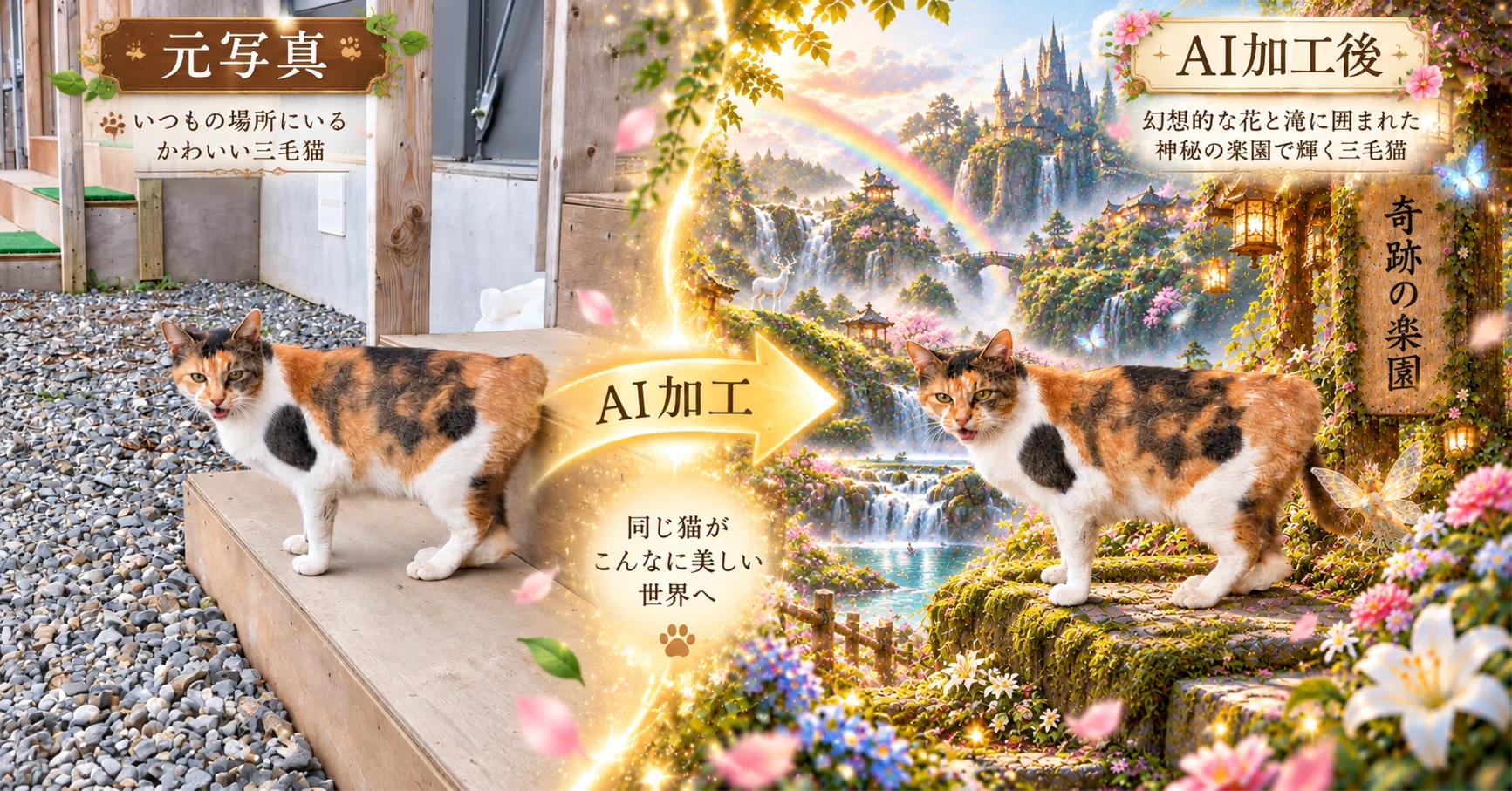 一枚の三毛猫の写真が、20の幻想世界へ｜あなたのペットを異世界や大切