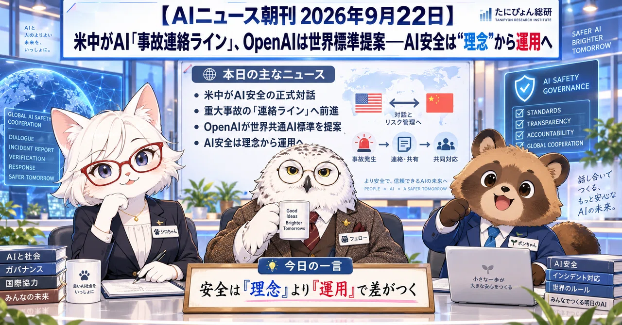 [AI News Morning Edition September 22, 2026] US and China establish AI 'incident line', OpenAI proposes global standards—AI safety shifts from 'philosophy' to operations｜たにぴょん総研　AIニュース 株式新聞