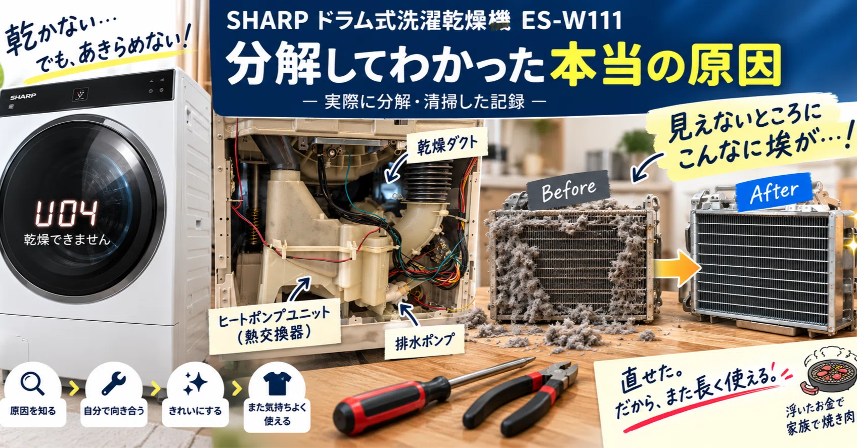 乾かなくなったSHARPドラム式洗濯乾燥機を自分で分解清掃した話【後編
