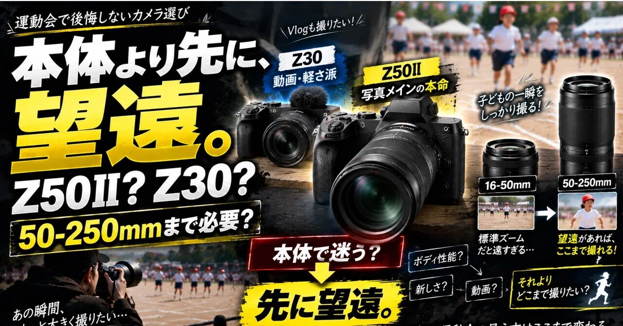 カメラまとめ 運動会用Nikonミラーレス、Z50IIとZ30どっち？初心者はダブルズームを