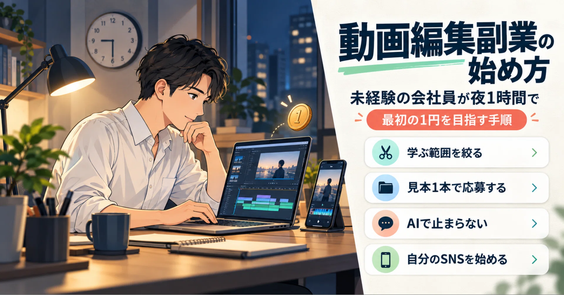 未経験の会社員が動画編集副業を始める全手順｜夜1時間で最初の1円を