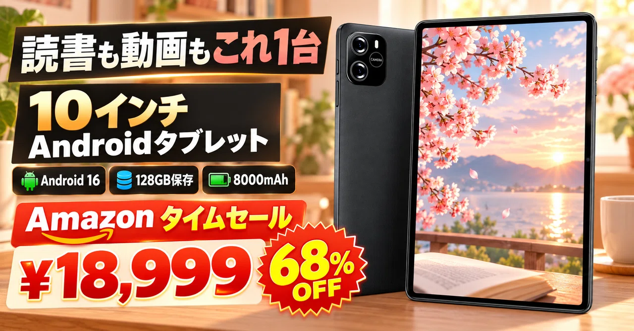 59,999円→18,999円の68%OFF 10インチAndroid 16タブレットは26GB