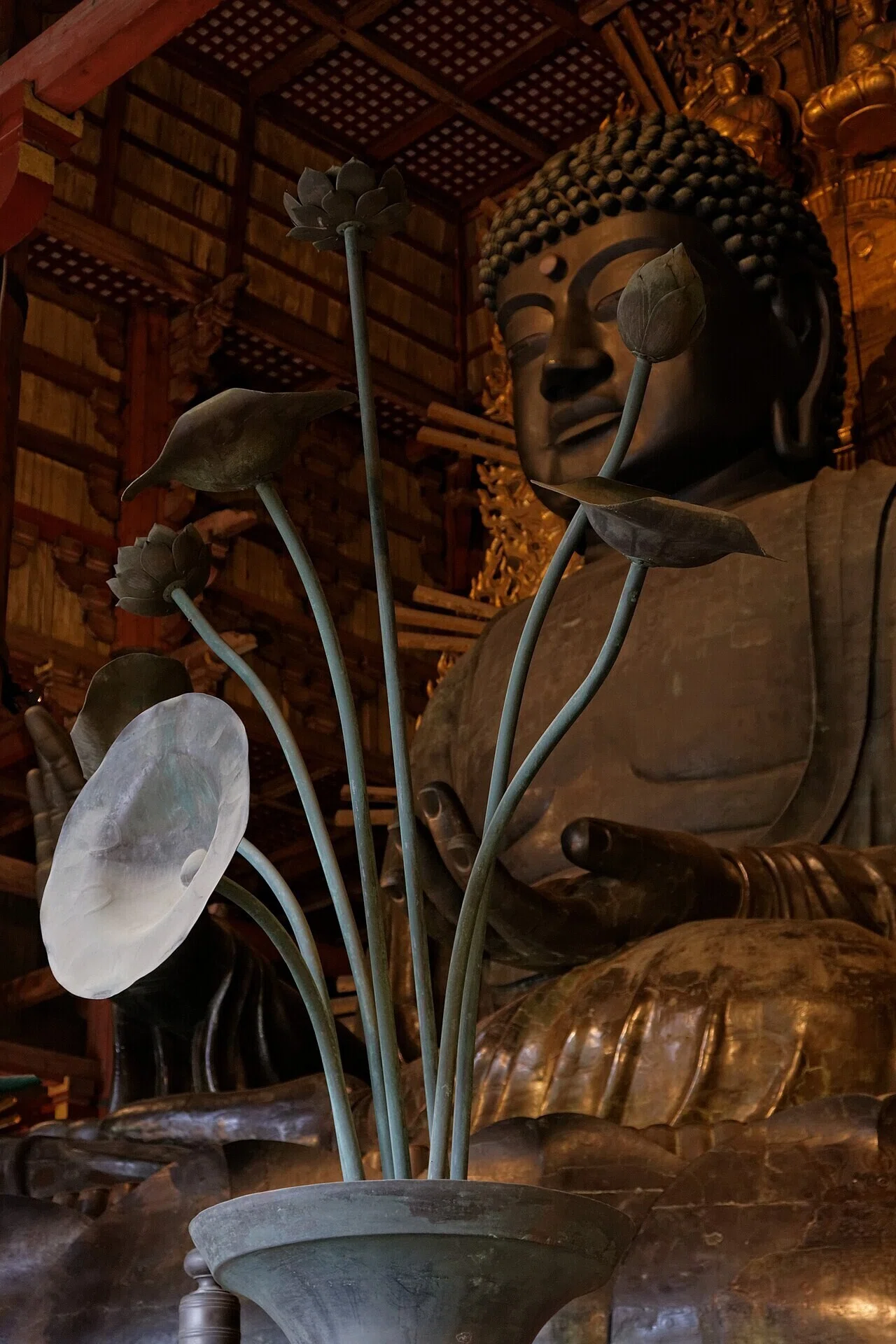 青銅の蓮の華の向こうに見える東大寺の大仏坐像。荘厳な堂内の様子が、静かに深まる奈良の秋の余韻を感じさせてくれる。