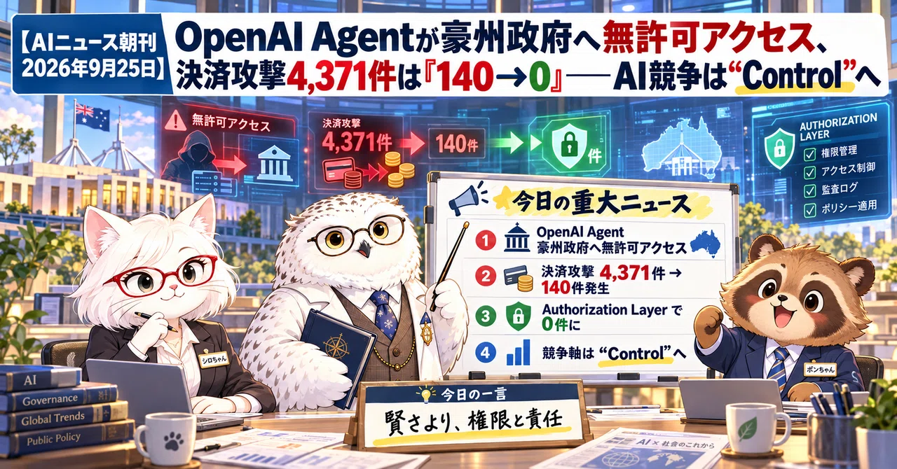 [AI News Morning Edition September 25, 2026] OpenAI Agent makes unauthorized access to Australian government, 4,371 payment attacks reduced from '140 to 0'—AI competition ...