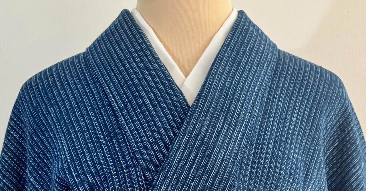 木綿・藍型染着物・やさしい色の藍染・裏面は無地 藍と糸 木綿単衣着物｜夢吉きもの