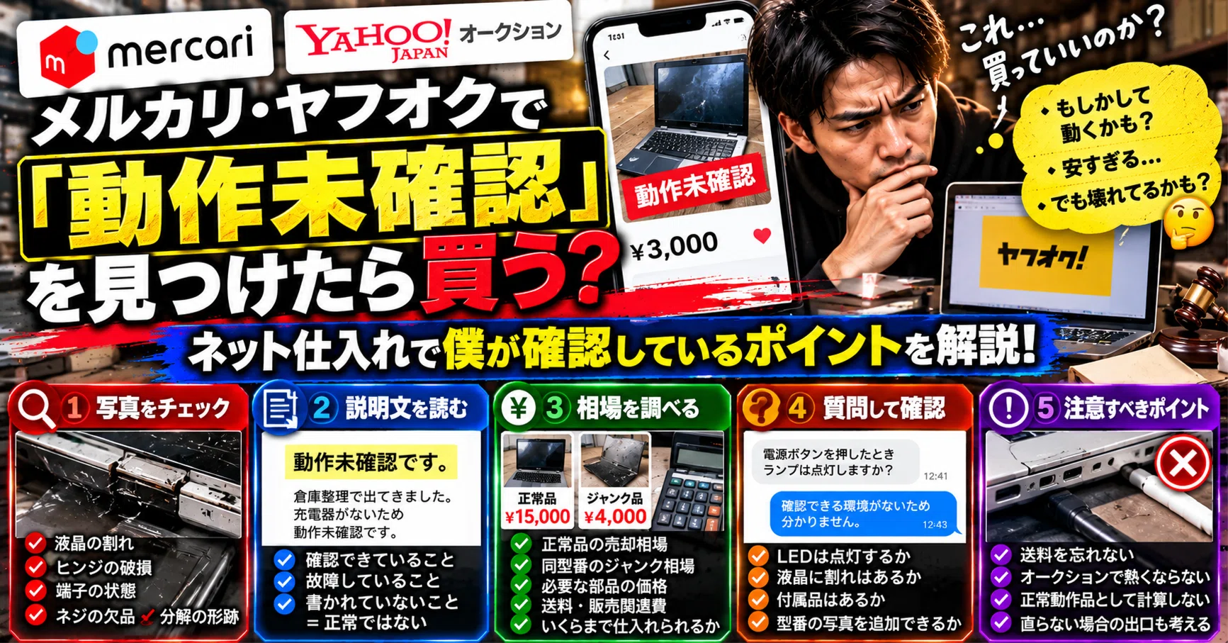 📱 メルカリ・ヤフオクで「動作未確認」を見つけたら買う？ネット