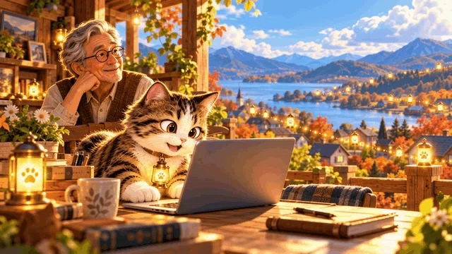 ランタン猫がパソコンで記事を読み、そのそばに生まれた小さな金色の灯りが、遠くの家々へひとつずつつながっていく「紹介の灯りリレー」の場面。