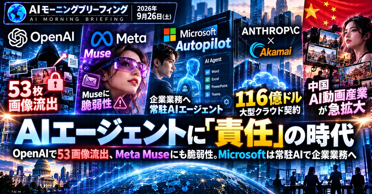 AI Morning Briefing (Saturday, September 26, 2026) The era of "responsibility" for AI agents—53 images leaked by OpenAI, vulnerabilities in Meta Muse. Microsoft enters ...