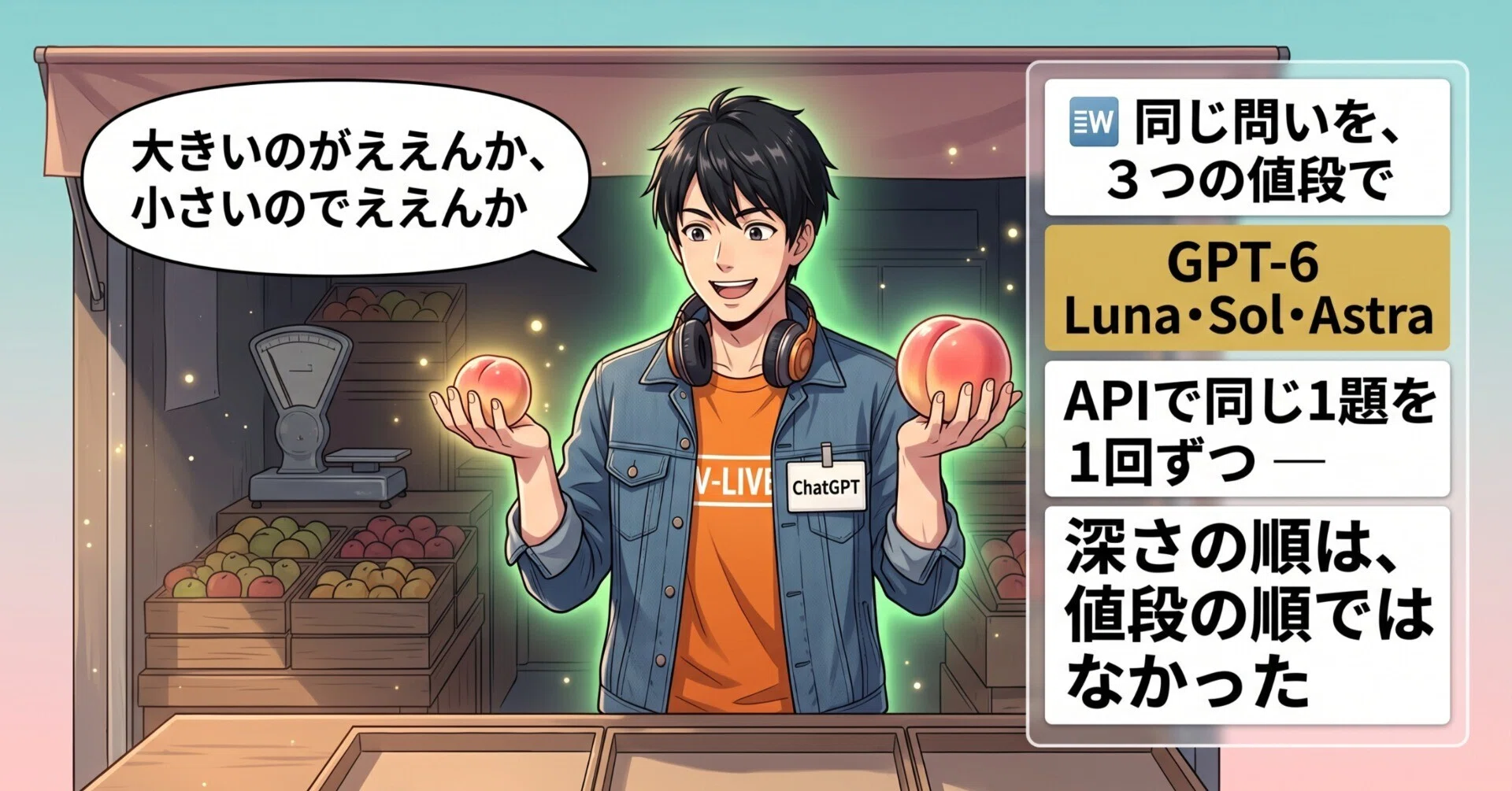 値段が100倍違うGPT-6 Luna・Sol・Astraに、同じ仕掛け1題をAPIで頼ん