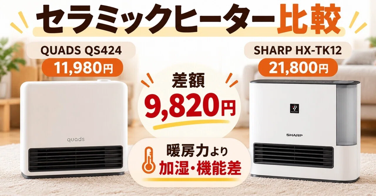 セラミックヒーター比較｜QUADS QS424とSHARP HX-TK12、約1万円差は