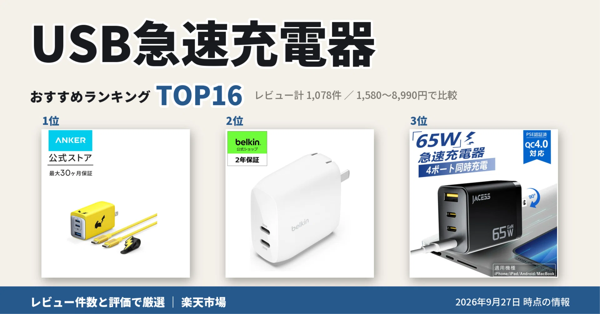 最新！USB急速充電器おすすめランキングTOP16（2026年9月）｜エラビト