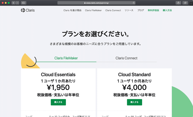 Claris FileMaker Cloudで利用できるプランはEssentialsプランとStandardプランの2種類