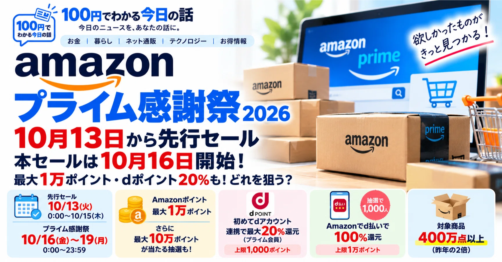 Amazonプライム感謝祭2026はいつ？10月13日先行開始、最大1万ポイント