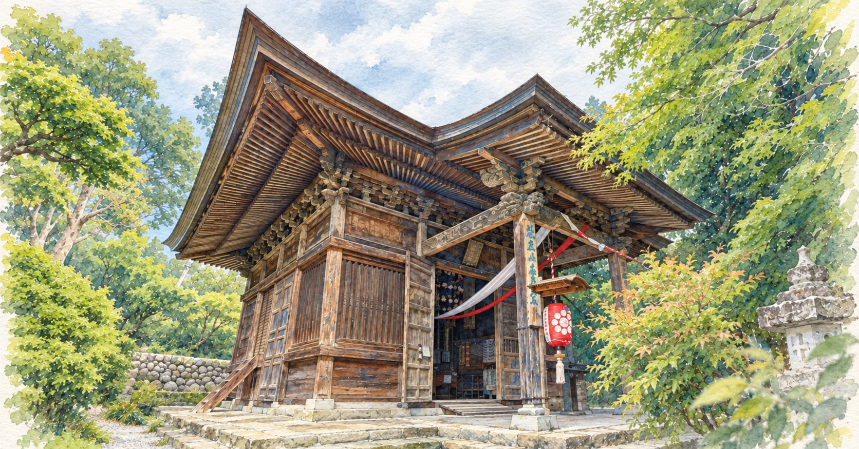 根本寺 額装版画 Keiko Komatsu サイン入り 寺院風景 レトロ 屋根の裏が面白くて｜秩父札所20番・岩之上堂を描く｜こむぎ｜神社仏閣