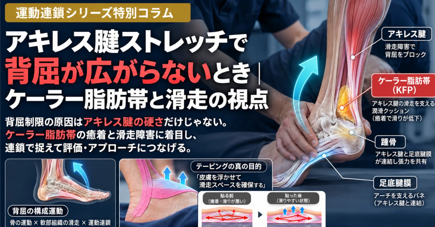 アキレス腱ちょっきん アキレス腱ストレッチで背屈が広がらないとき｜ケーラー脂肪帯と滑走の