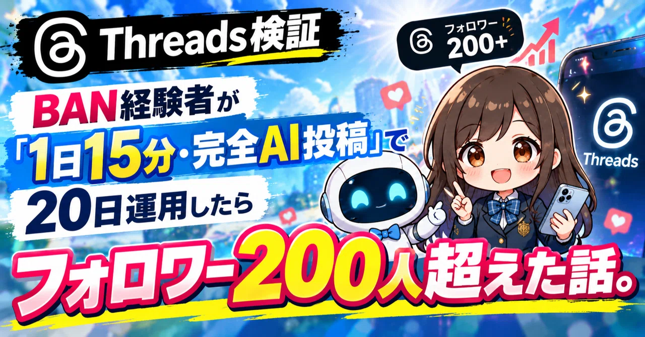 Threads検証】BAN経験者が「1日15分・完全AI投稿」で20日運用したら