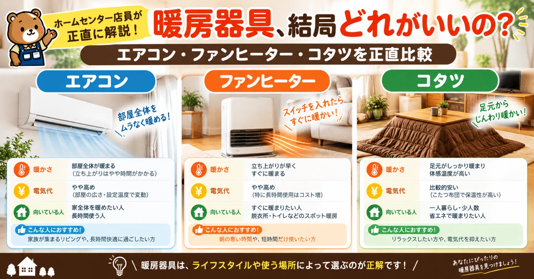 暖房器具、結局どれがいいの？エアコン・ファンヒーター・コタツを正直