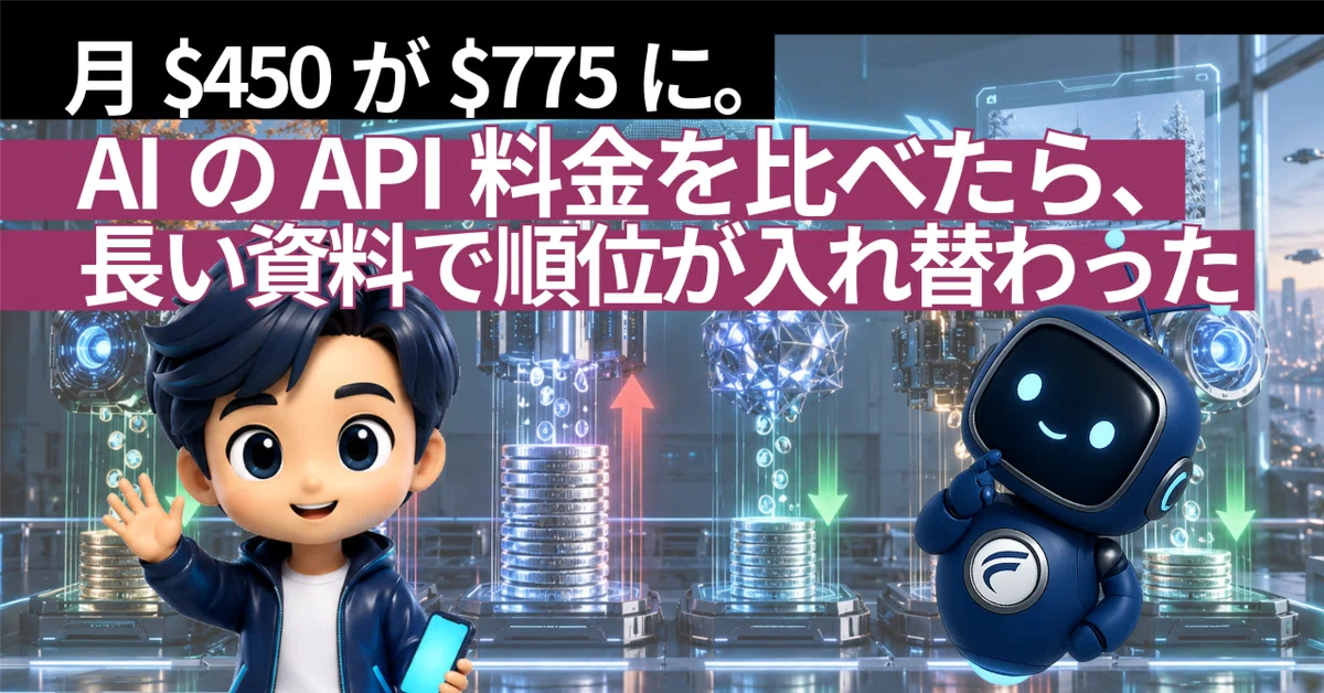 月$450が$775に。AIのAPI料金を比べたら、長い資料で順位が入れ替わっ