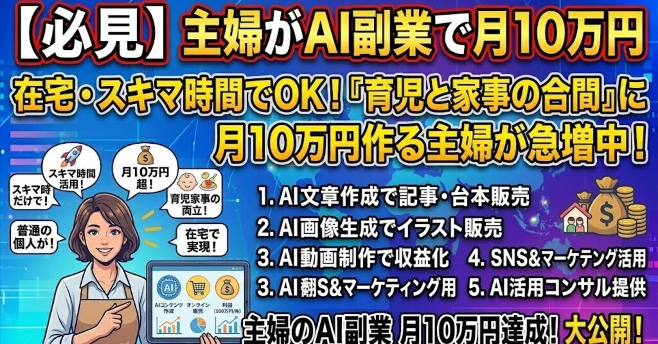 主婦がAI副業で月10万円稼ぐ方法｜在宅・スキマ時間でOK「育児と家事の