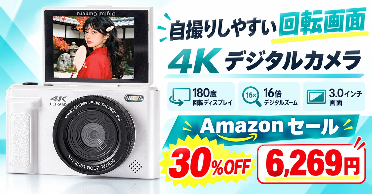 スマホに送れる4Kデジカメが30%OFFの6,269円。6400万画素と180度回転