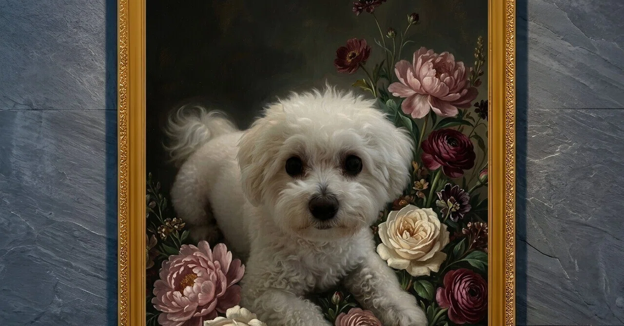 ビションフリーゼの花の油絵風アート額装プリントができました！｜うち