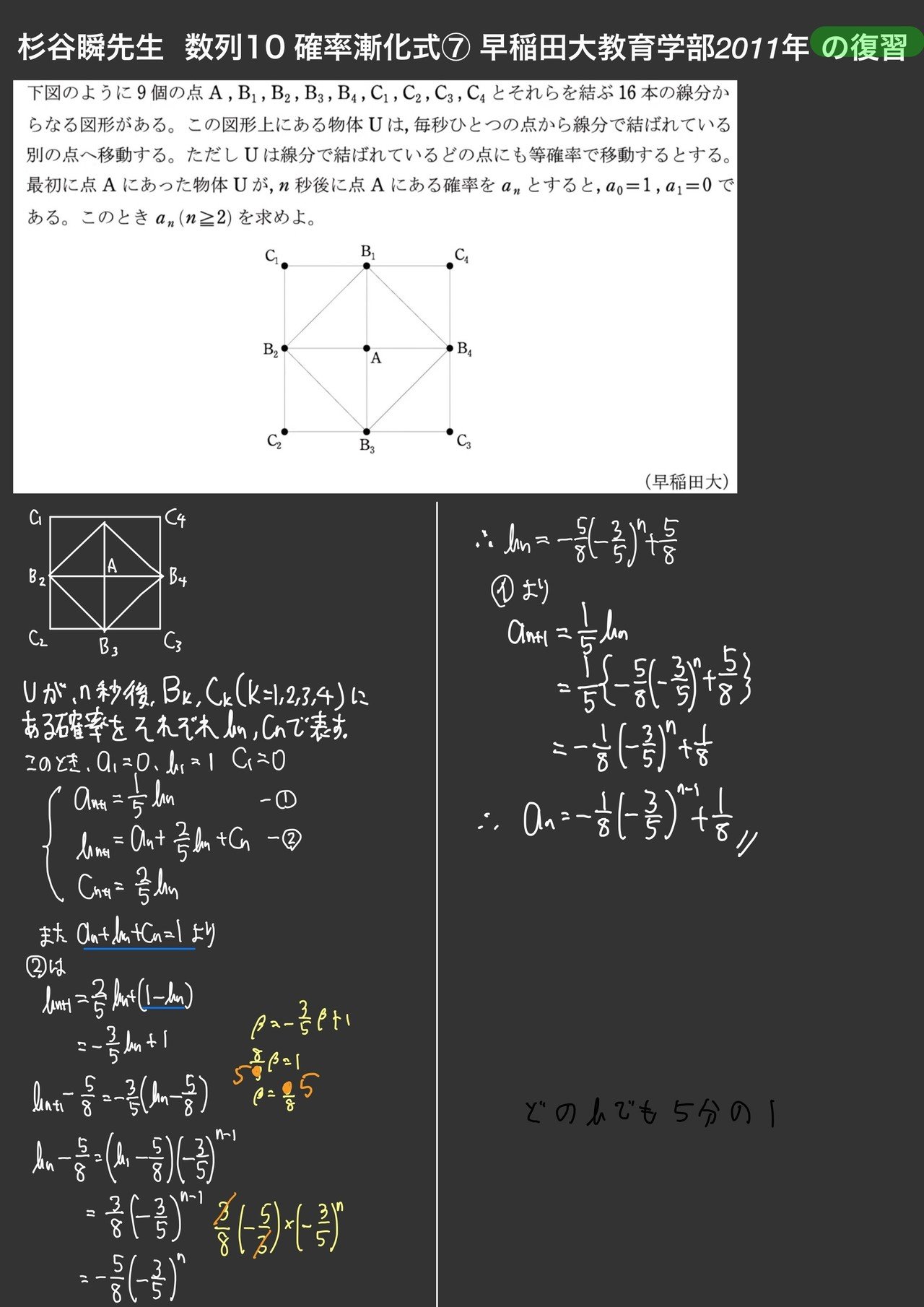 数列10 確率漸化式 早稲田大教育学部11年 の復習 数学太郎 Note