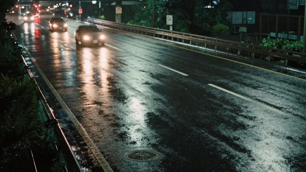 雨の夜の高速道路のジャンクション