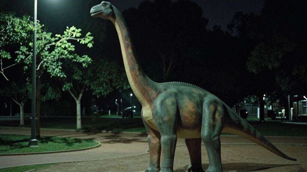 夜の公園の首の長い恐竜の像