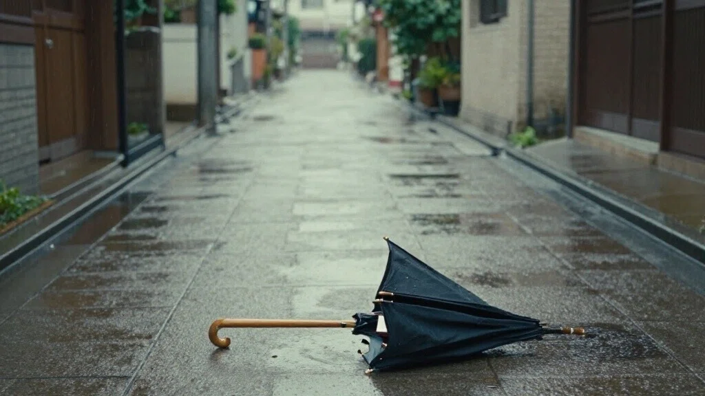 雨の路地に落ちた傘