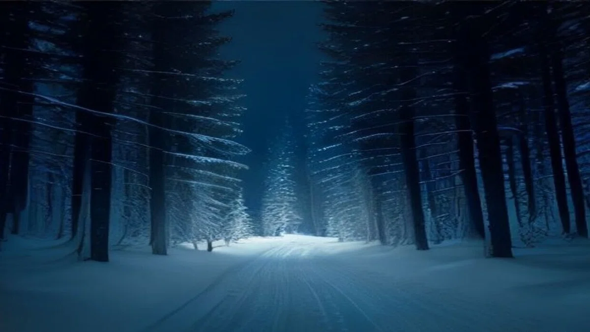 雪の夜の森にのびる明るい道