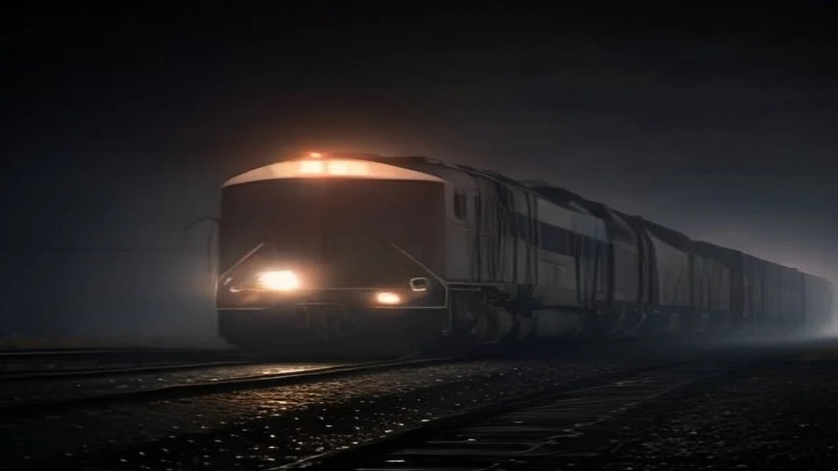 夜の線路を走ってくる列車