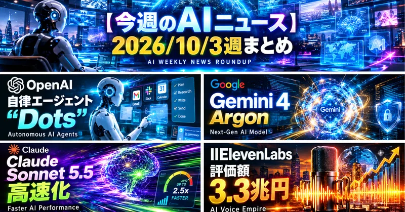 【今週のAIニュース】2026/10/3週まとめ｜OpenAIが"自分で働く"エージェントDotsを公開／GoogleがGemini 4 Argon／Claude Sonnet 5.5が高速化／ElevenLabsが評価額3.3兆円