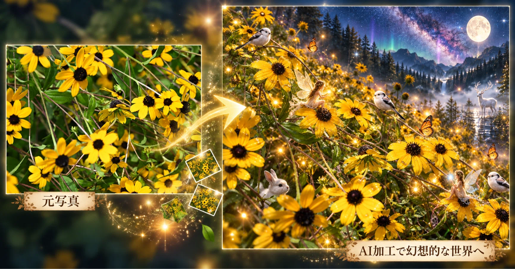 一枚の黄色い花の写真が、20の幻想世界へ｜AI写真加工ビフォーアフター