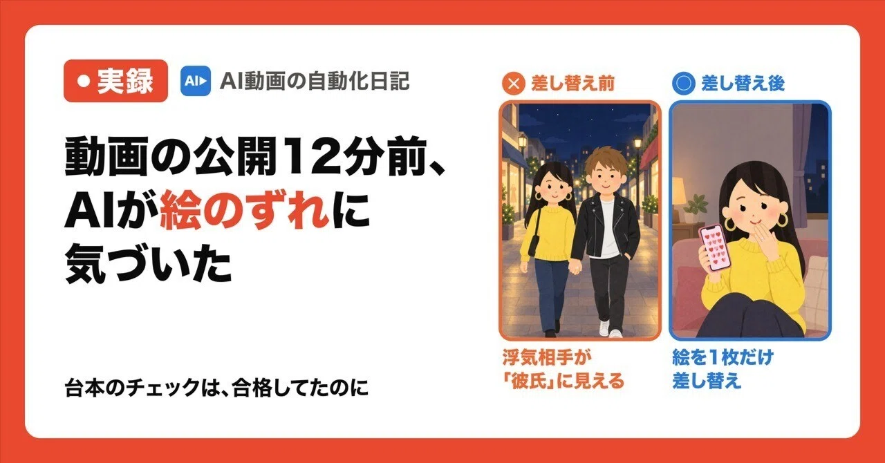 動画の公開12分前、AIが絵のずれに気づいた｜「彼氏」のセリフに、浮気相手の絵が出…