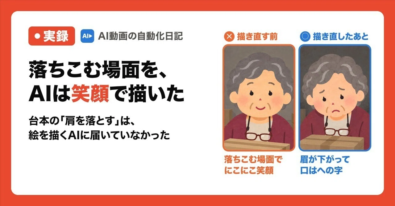 落ちこむ場面を、AIは笑顔で描いた｜台本の「肩を落とす」は、絵を描くAIに届いてい…