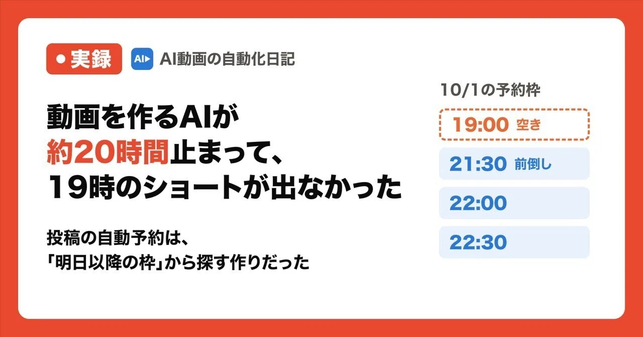 動画を作るAIが約20時間止まって、19時のショートが出なかった｜投稿の自動予約は「…