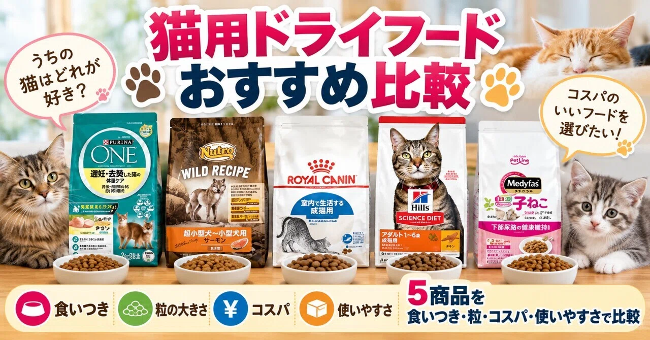 猫用ドライフードおすすめ比較｜5商品を食いつき・粒・コスパ・使い