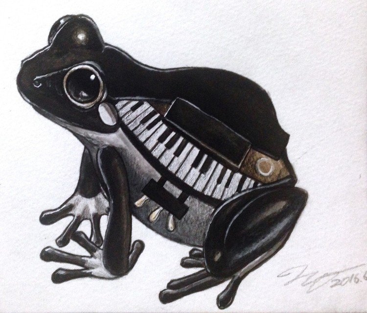
カエルメイトより「ピアノガエル」

その名の通り白と黒のハッキリとした色合いと鍵盤のような縞模様が特徴的な #カエル 。メスは綺麗な高音で、オスは力強い低音で鳴く
#カエルメイト #空想 #創作 #ピアノ #楽器 #イラスト
リクエスト企画で、誕生したカエル。ツイキャスでメイキングを撮影。 #エホンオオカミ さんとコラボキャスで会話しながら、このカエルを描いた。
①http://twitcasting.tv/hikita0603/movie/281866002