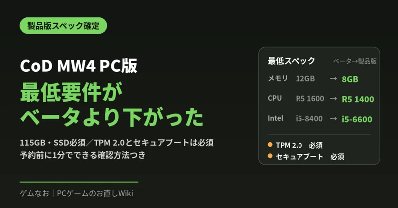 CoD MW4のPC版、製品版スペックが確定｜ベータより最低要件が下がった・容量は115GB（SSD必須）・TPM 2.0とセキュアブートは必須