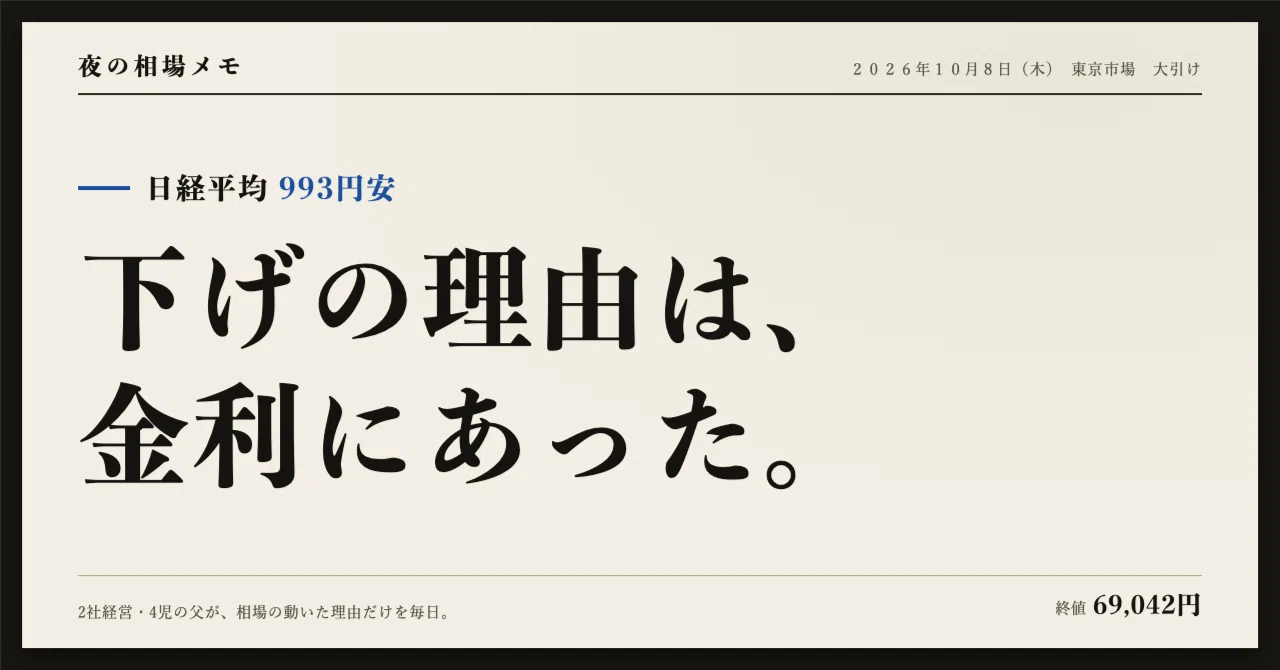 [Evening Market Memo (October 8, 2026)] – Down 993 yen, falling below 70,000 yen. Global interest rate hikes push down AI and semiconductor stocks