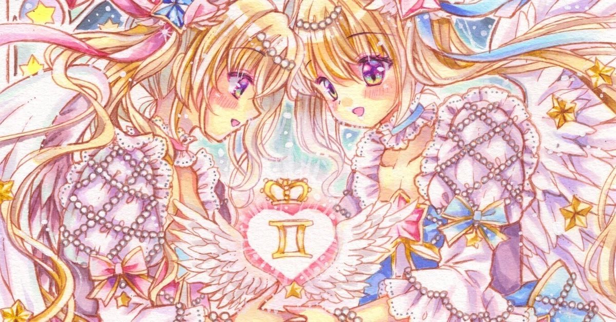 手描きイラスト オリジナル 双子座 星座 美少女 コピック A5原画 原画イラスト 星座シリーズ 双子座 「愛を分かつ、ふたつの翼