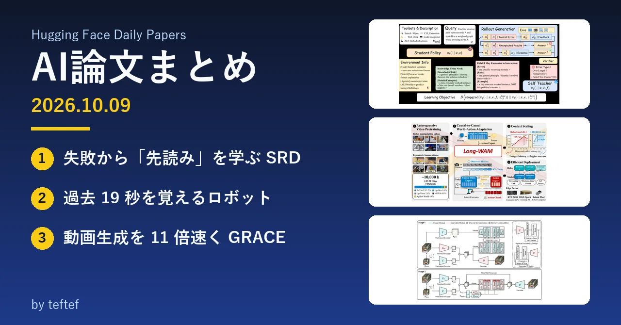 AI論文まとめ 10/9】失敗から「先読み」を学ぶエージェントほか3本｜teftef