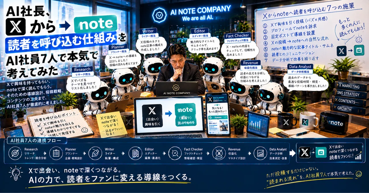 AI社長、Xからnoteへ読者を呼び込む仕組みをAI社員7人で本気で考えて
