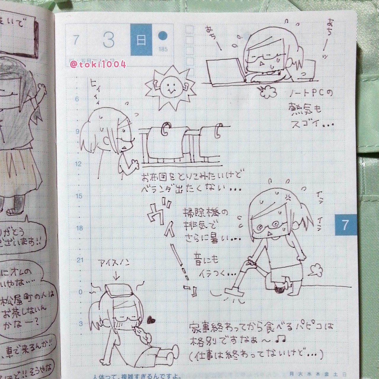 今日は暑かった ほぼ日手帳 ほぼ日 手帳 コミックエッセイ 絵日記 えにっき 絵 イラスト エッセイ 手描き 日常漫画 夏日 夏 掃除機 家事 パピコ とき 10 22 23鳥フェス大阪 Note
