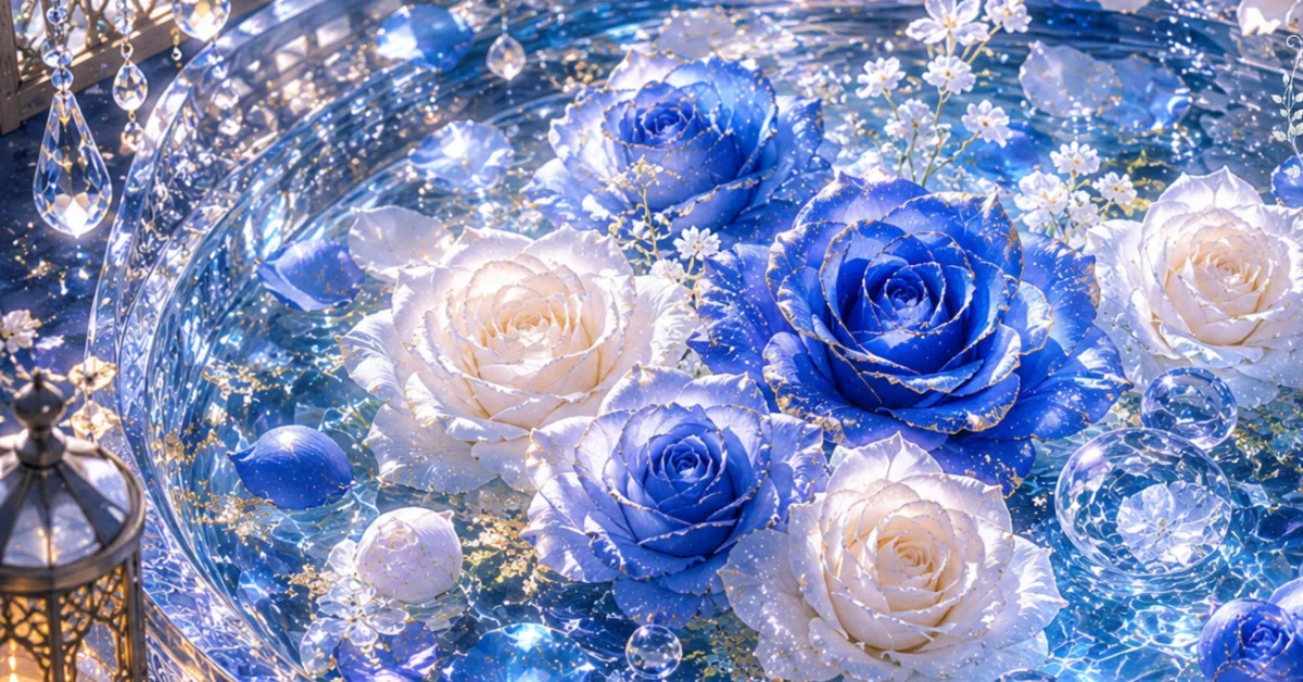 Azure Glass Flower Water Basin | Blue and White Roses Blooming on the ...