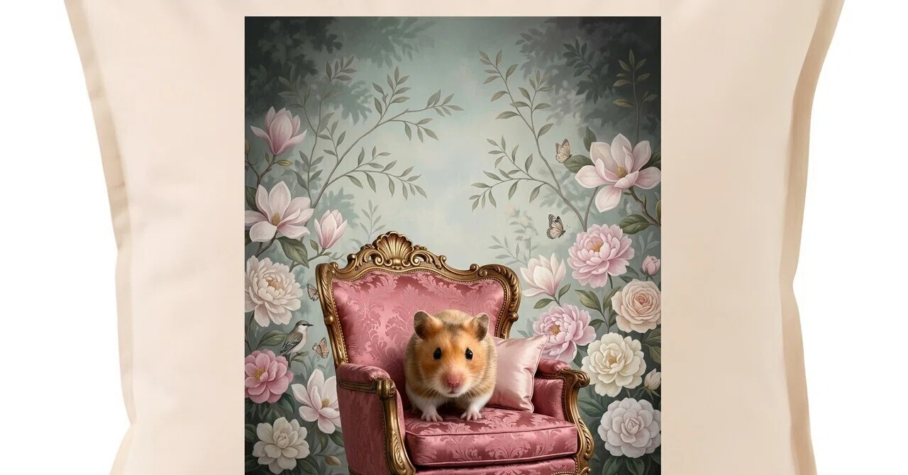 A Rococo-style shabby pink cushion featuring a Syrian hamster is now ...